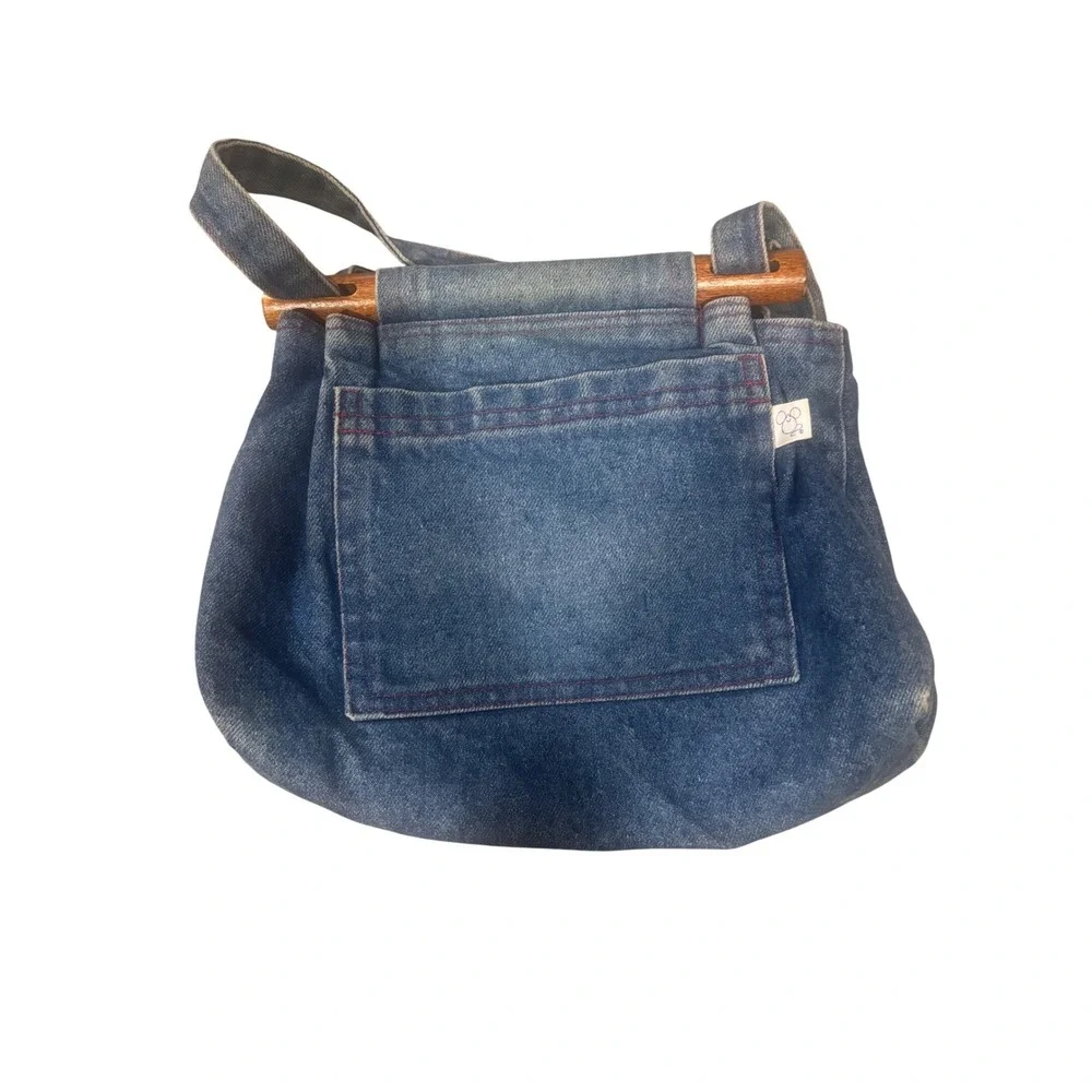 The Mouse Housery Vintage Denim Handbag Wood Handle Quilted Angel Lining Blue